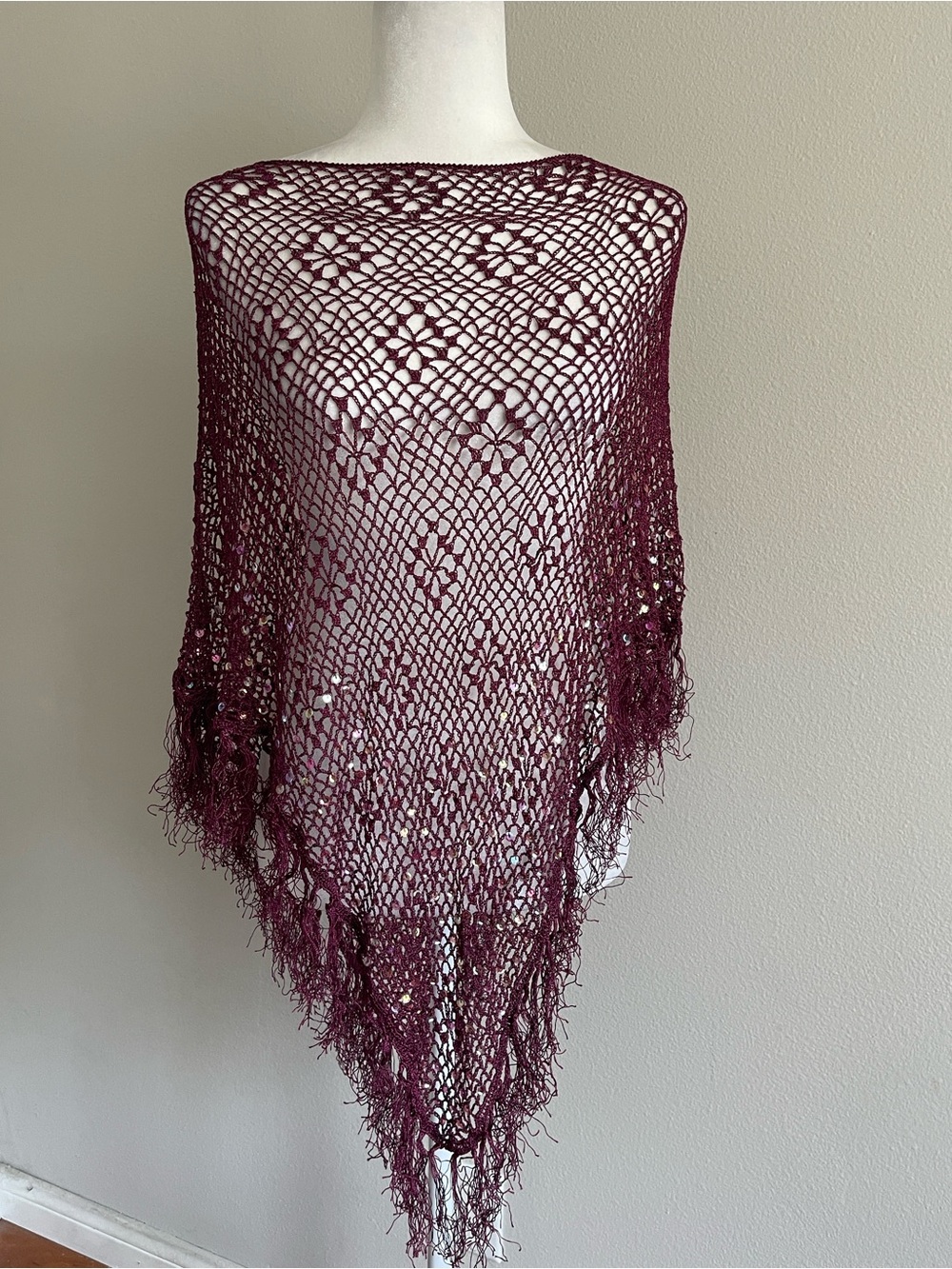 Open-Knit Sequin Fringe Poncho - Burgundy
